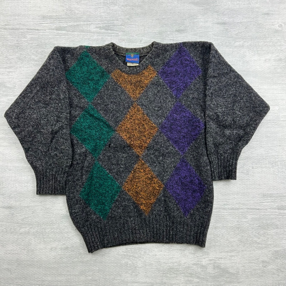 Vintage 90s Woodward Wool Sweater Size Small Gray Diamond Pattern Pull Over Boho